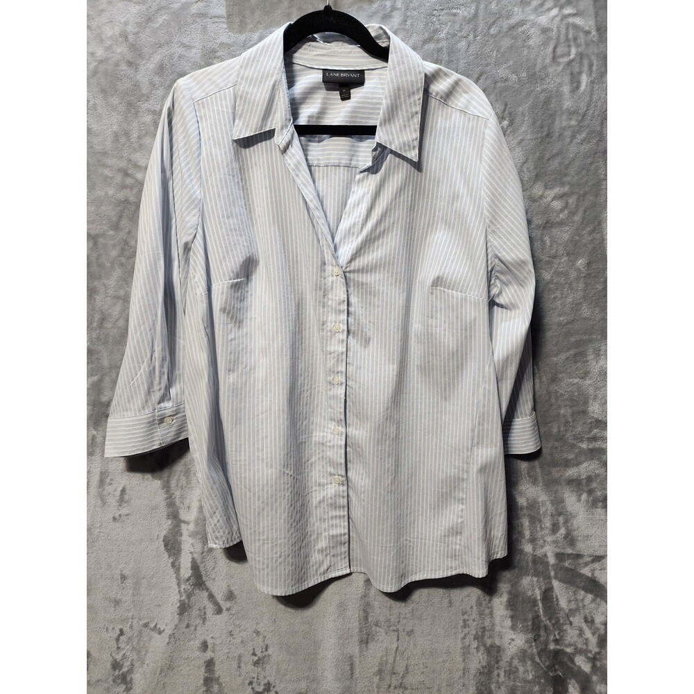 Lane Bryant Button Down Shirt Women's 20 Blue Stripe 3/4 Sleeve Classic Business